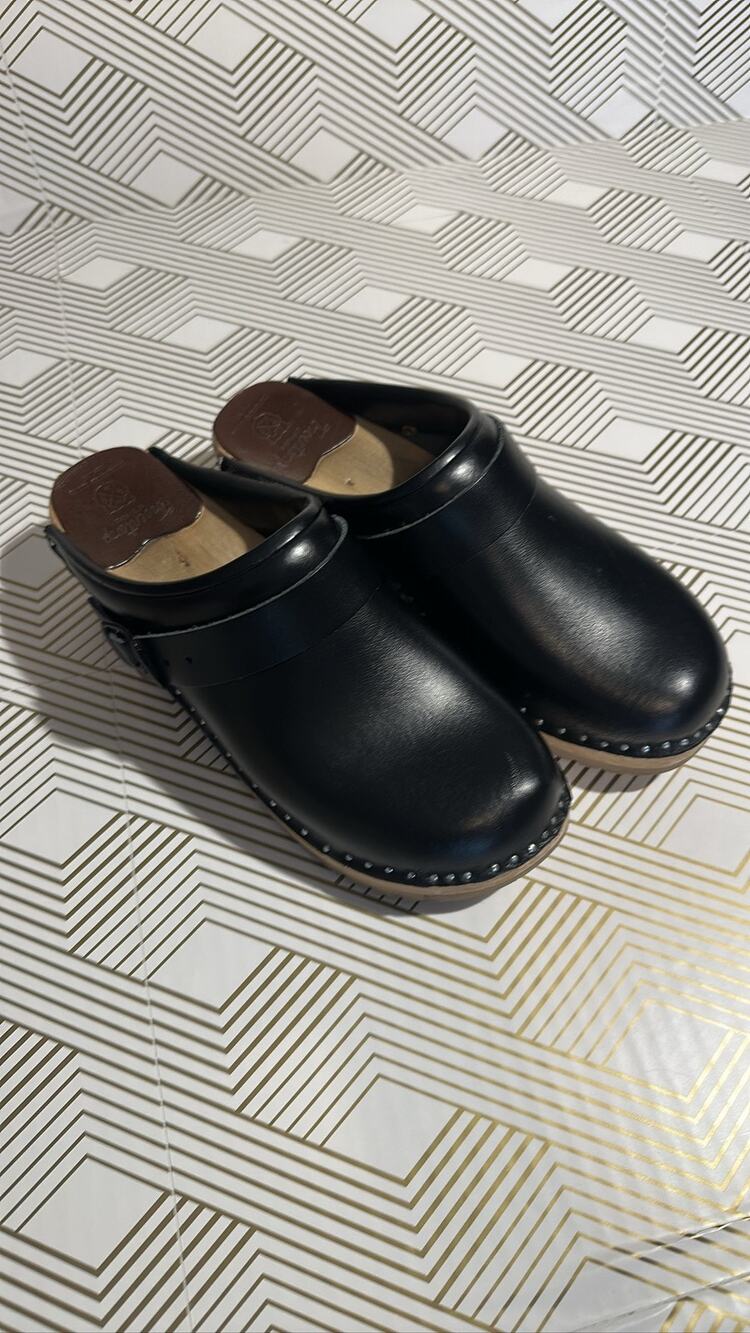 Troentorp Rembrandt Black Leather Wooden Swedish Clogs Mules Shoes size 38